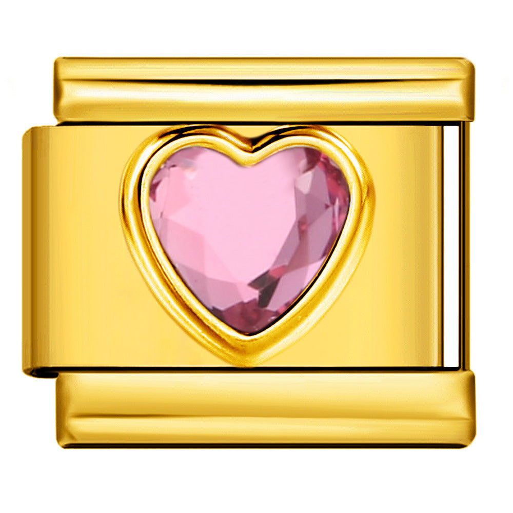 Gold Colored Heart-shaped Circle Diamond Italian Module Bracelet DIY Titanium Steel Welded Elastic Watch Chain Accessory