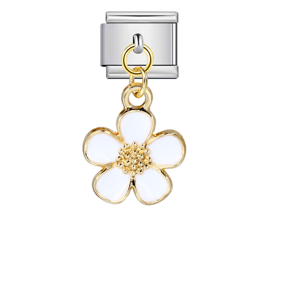 Single Silver Bottom Flower Pendant Italian Module Bracelet Stainless Steel Gold Plated Drip Oil DIY Hook Bracelet