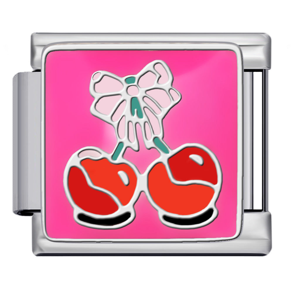 Bow & Cherry Pattern Italian Module Bracelet Titanium Steel Welded Drip-Oil DIY Bracelet Women's Jewelry