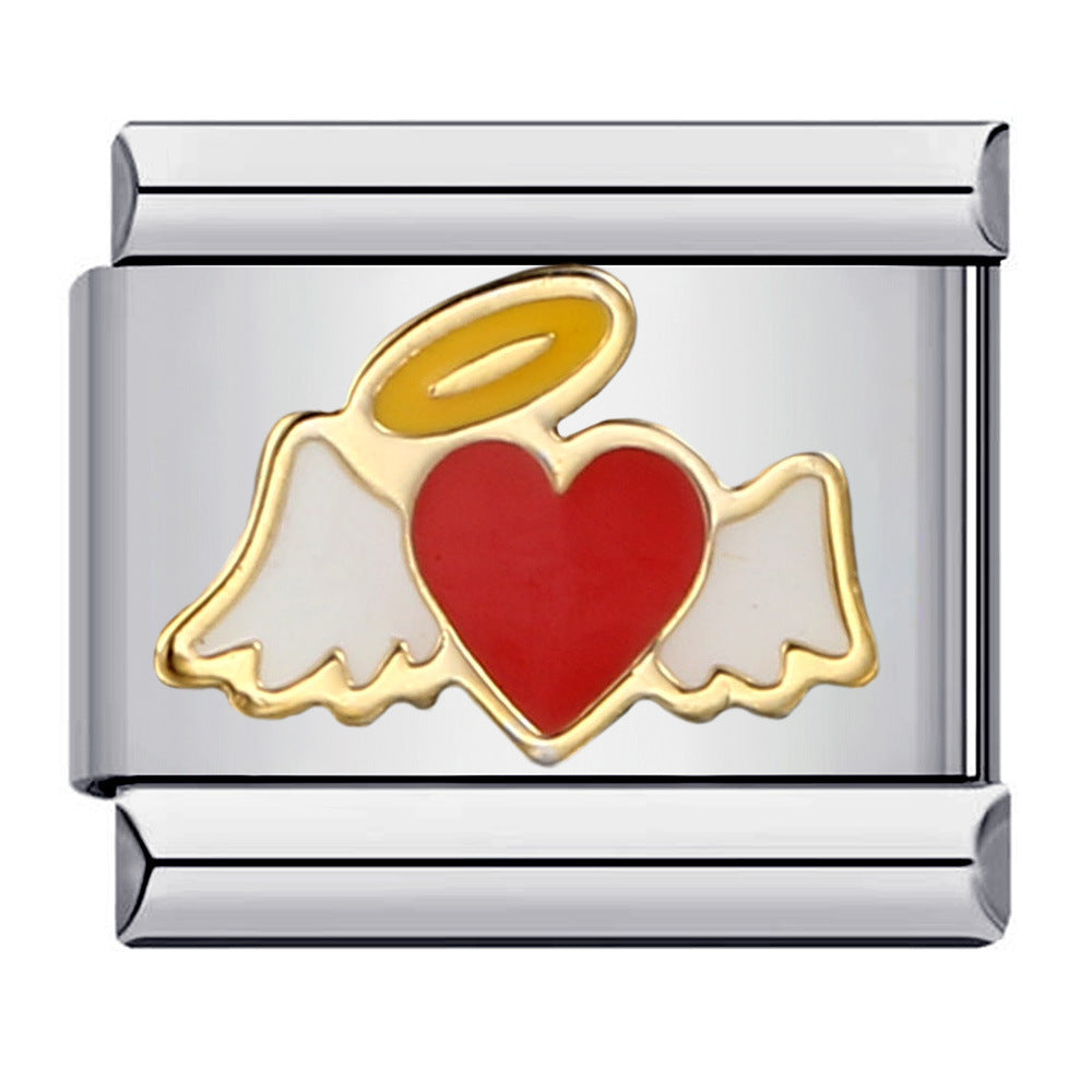 Photo Style Italian Module Bracelet with Angel Pattern Titanium Steel Welding, Gold Plating, Oil Dripping DIY Splicing Bracelet