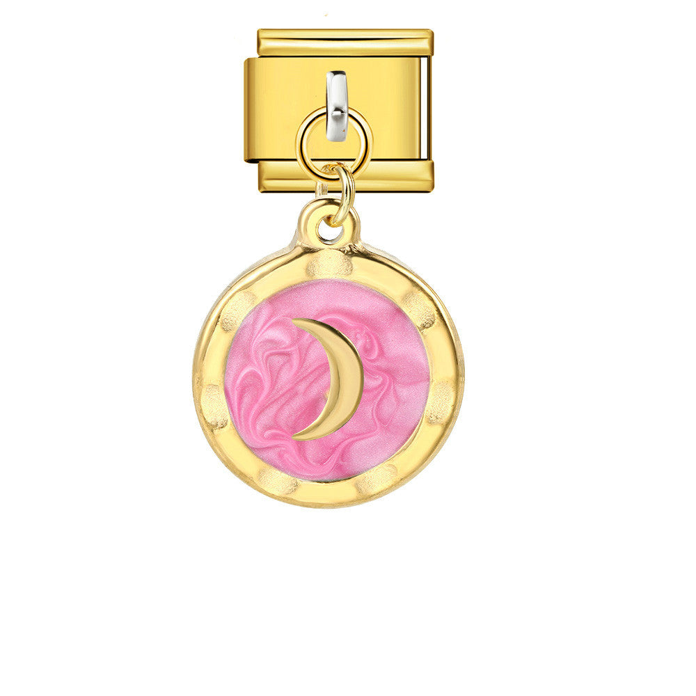 Round Pendant with Gold and Silver Base, Italian Module Bracelet, Titanium Steel Drip Oil Hook, Fashionable DIY Versatile Bracelet