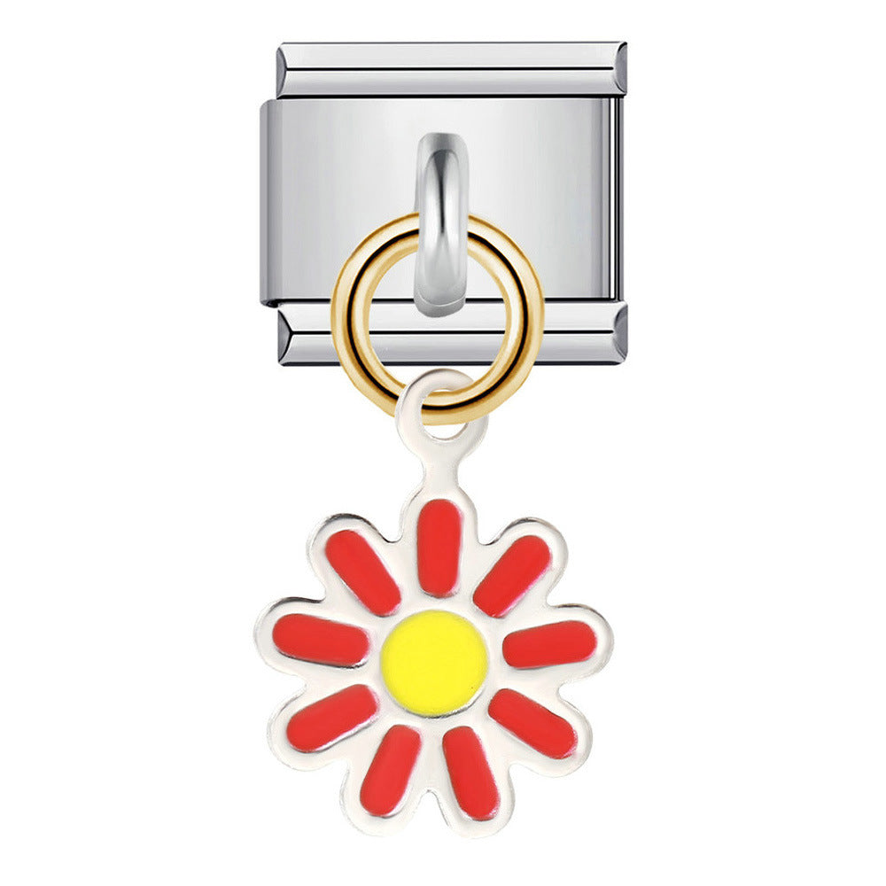 Single Silver Bottom Flower Pendant Italian Module Bracelet Stainless Steel Gold Plated Drip Oil DIY Hook Bracelet