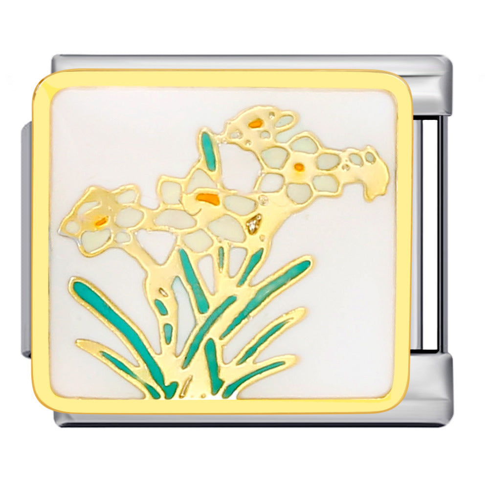 Flower Series Italian Module Bracelet Stainless Steel Welding Gold Plating Drip Oil DIY Elastic Bracelet Accessories Wholesale