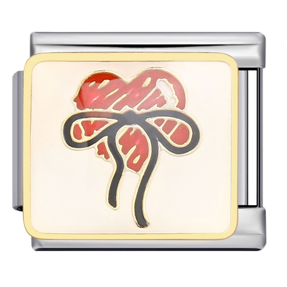 Bow & Cherry Pattern Italian Module Bracelet Titanium Steel Welded Drip-Oil DIY Bracelet Women's Jewelry