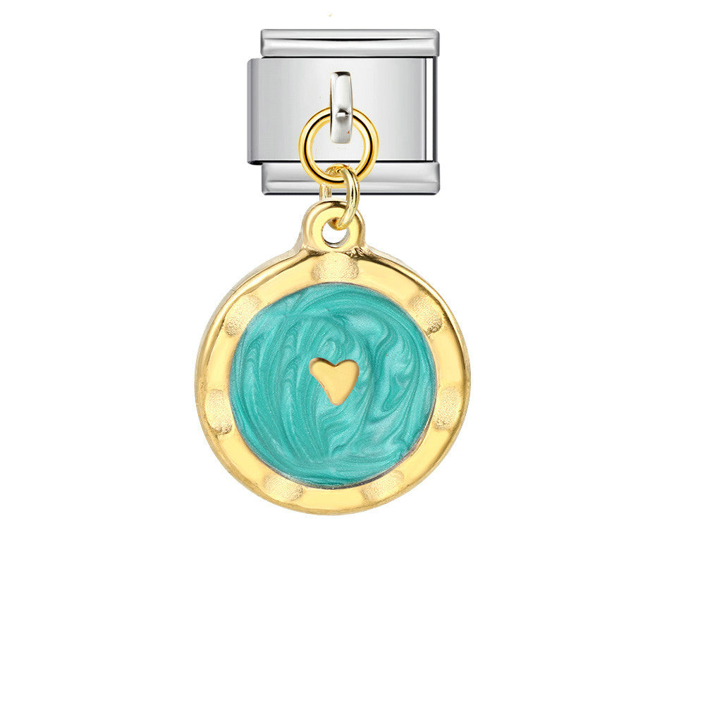 Round Pendant with Gold and Silver Base, Italian Module Bracelet, Titanium Steel Drip Oil Hook, Fashionable DIY Versatile Bracelet