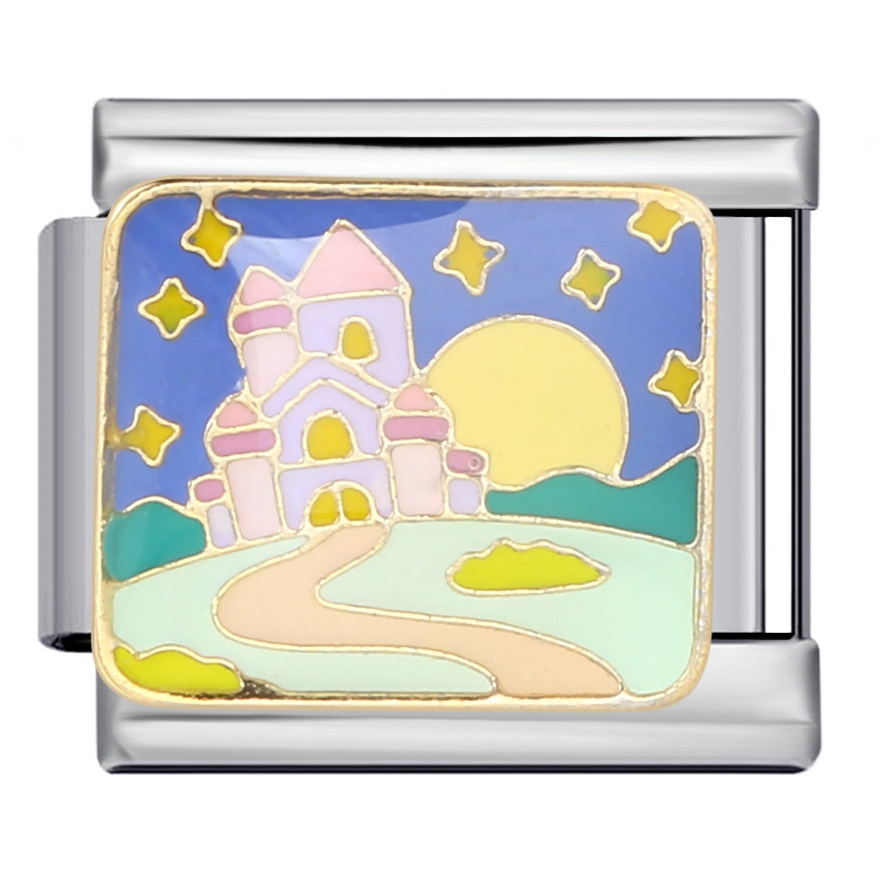 Fairy Tale Castle Italian Module Bracelet Titanium Steel Welding Gold Drip Oil Cartoon DIY Splicing Bracelet Accessories