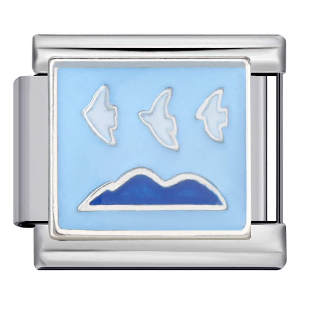 New River, Mountain, Seaside Scenery Italian Module Bracelet with Gold Plating and Oil Dripping DIY Welding Stainless Steel Bracelet