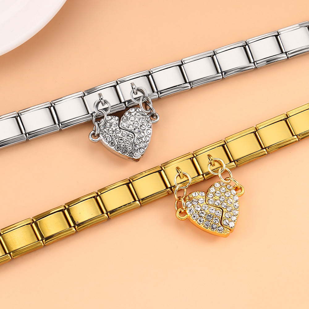 Micro Inlaid Zircon Heart-shaped Double Pendant Bracelet Accessory Titanium Steel DIY Free Splicing Italian Module Bracelet