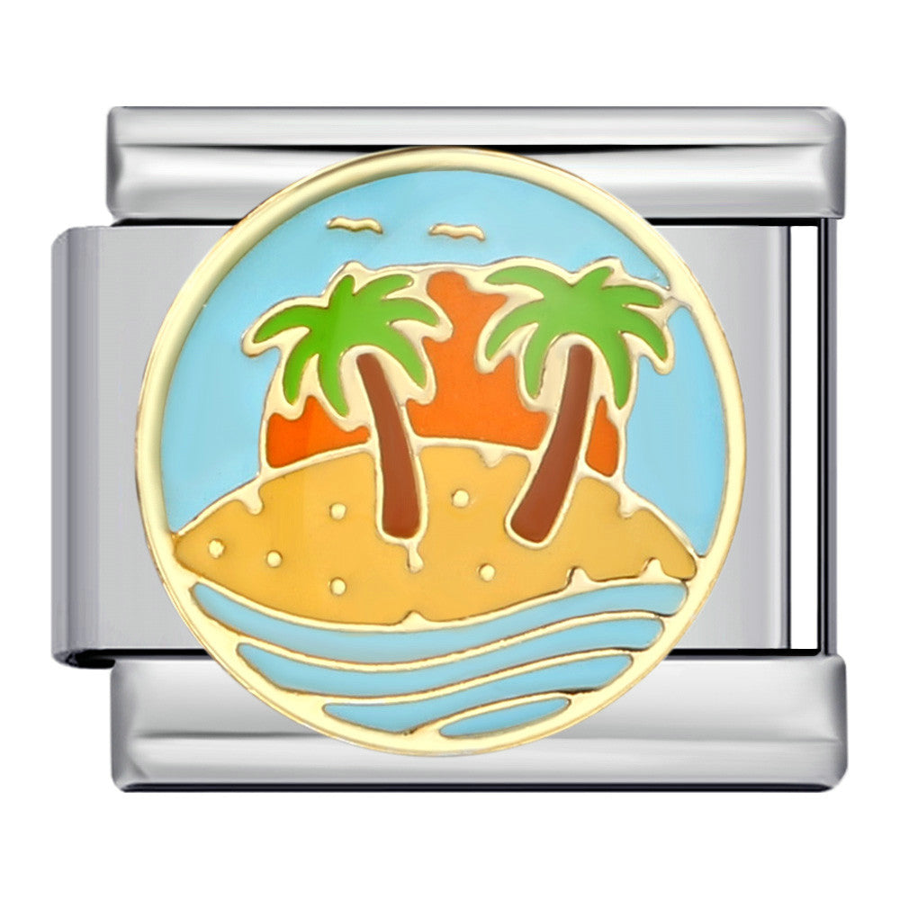 New River, Mountain, Seaside Scenery Italian Module Bracelet with Gold Plating and Oil Dripping DIY Welding Stainless Steel Bracelet