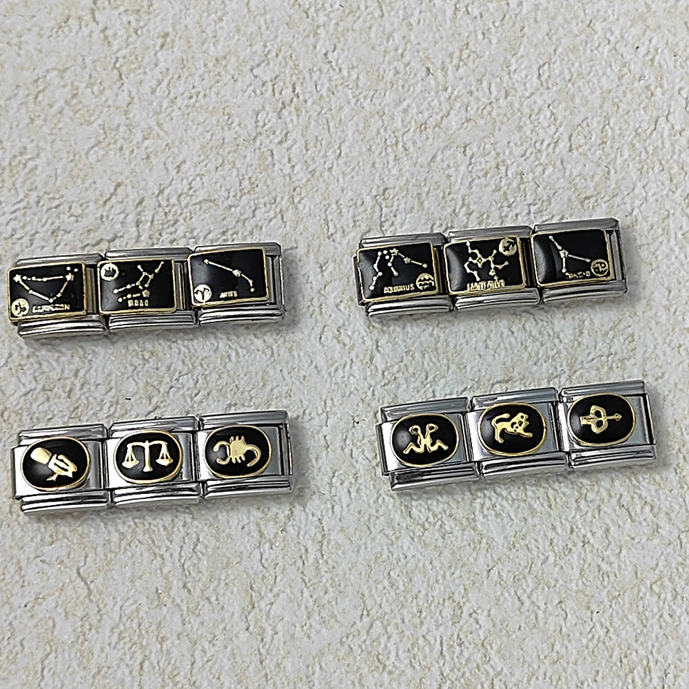 Italian Module Bracelet with Black Welding, Gold-plated Dripping Oil, Twelve Zodiac DIY Pattern, Stainless Steel Bracelet