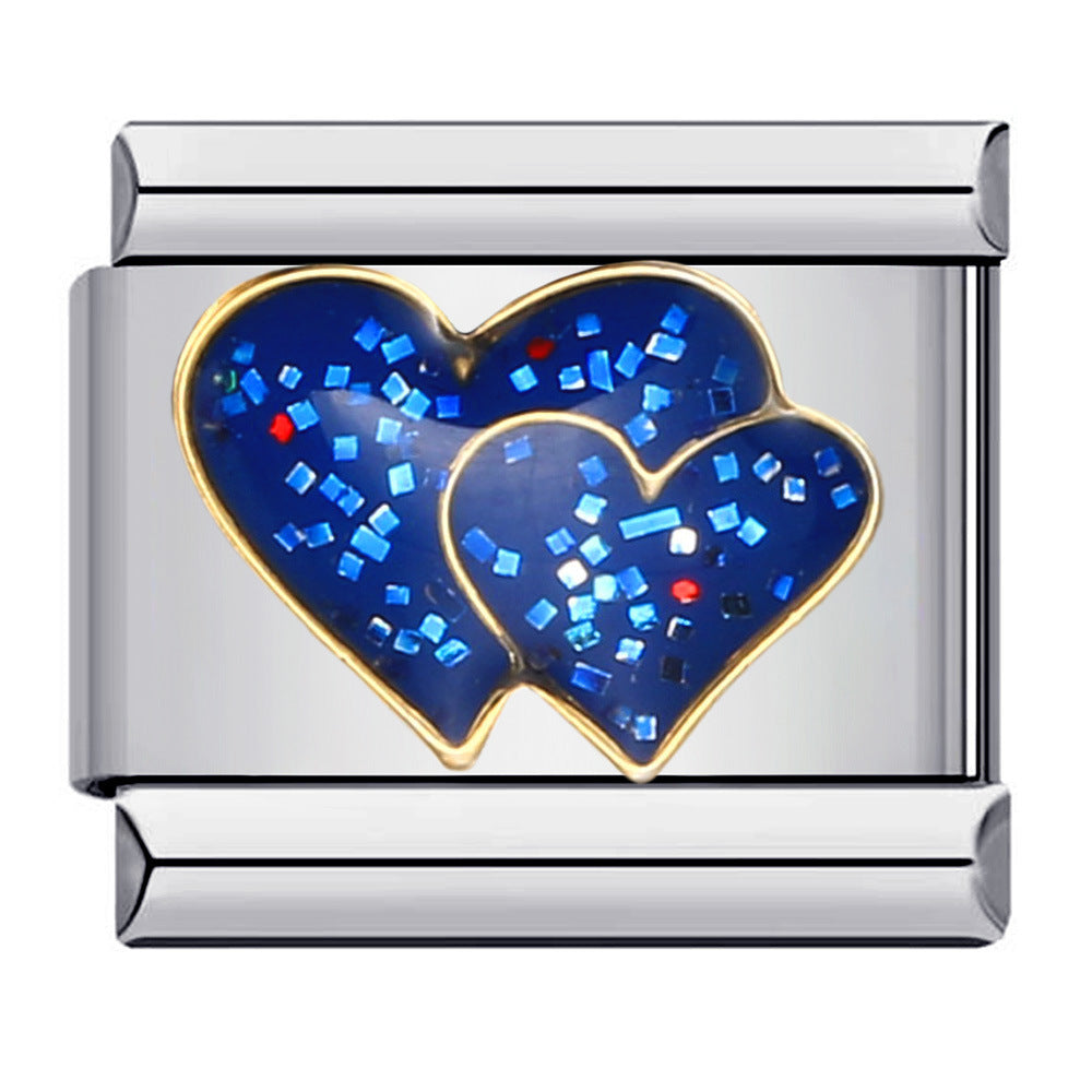 Blue Titanium Steel Welded Pattern Italian Modular Bracelet, Gold-Plated Drip Enamel Free Combination Link Bracelet