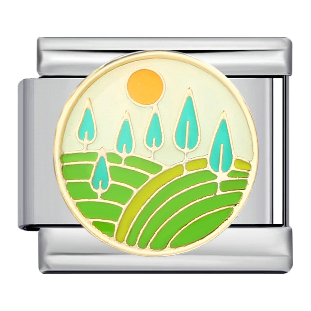 New River, Mountain, Seaside Scenery Italian Module Bracelet with Gold Plating and Oil Dripping DIY Welding Stainless Steel Bracelet