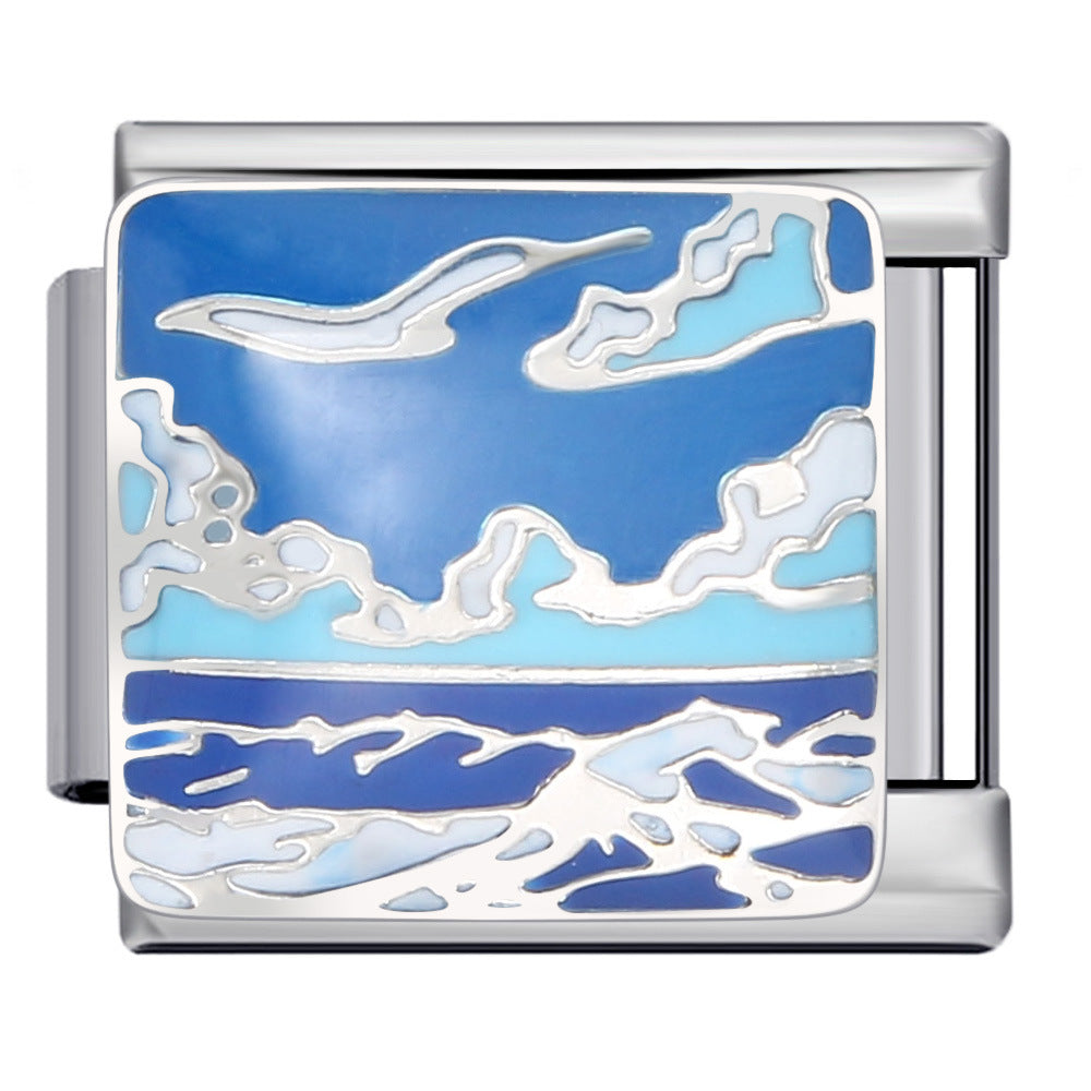 Blue Ocean Element Italian Module Bracelet - Stainless Steel Welded Pattern DIY Stretchable Fashion Bracelet