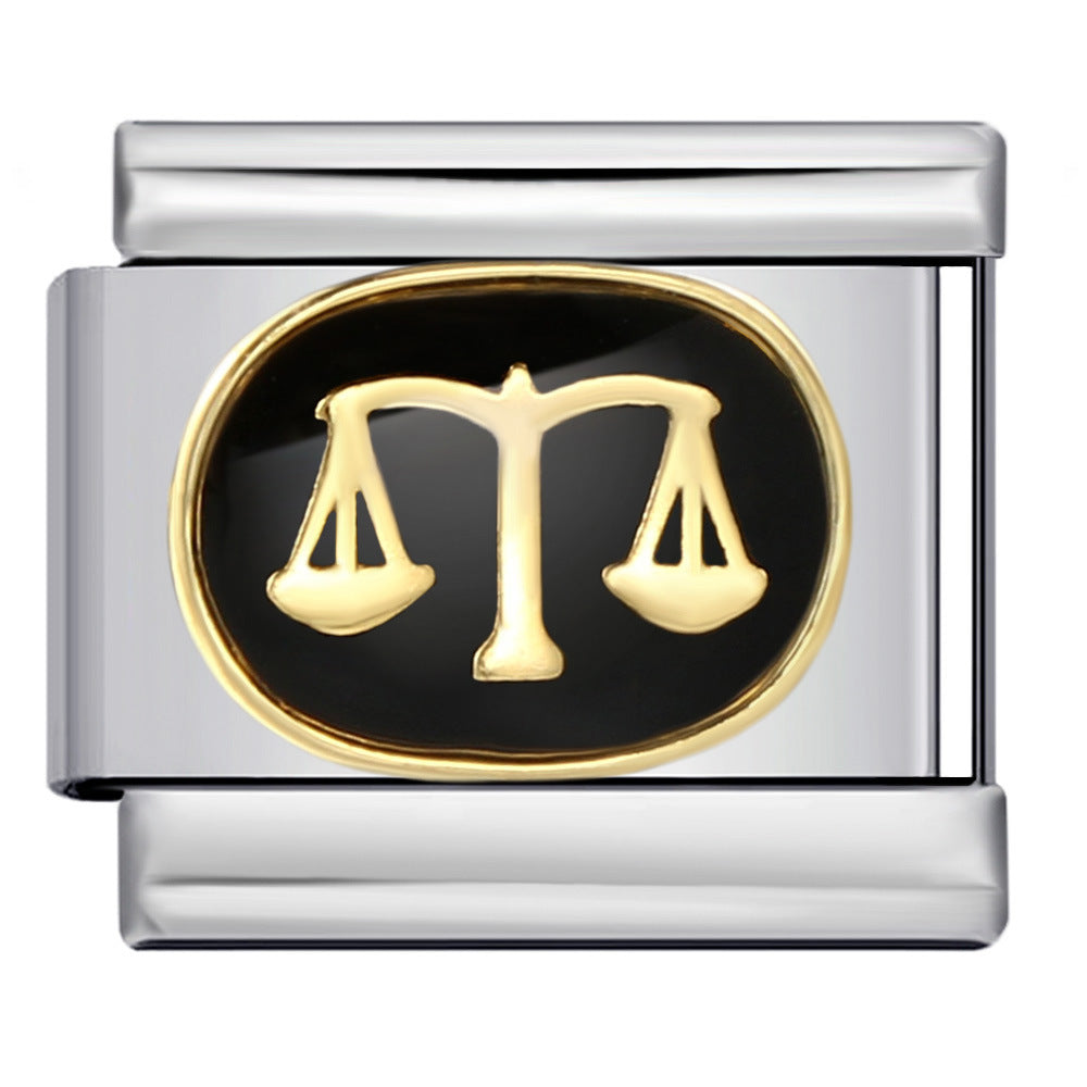 Italian Module Bracelet with Black Welding, Gold-plated Dripping Oil, Twelve Zodiac DIY Pattern, Stainless Steel Bracelet