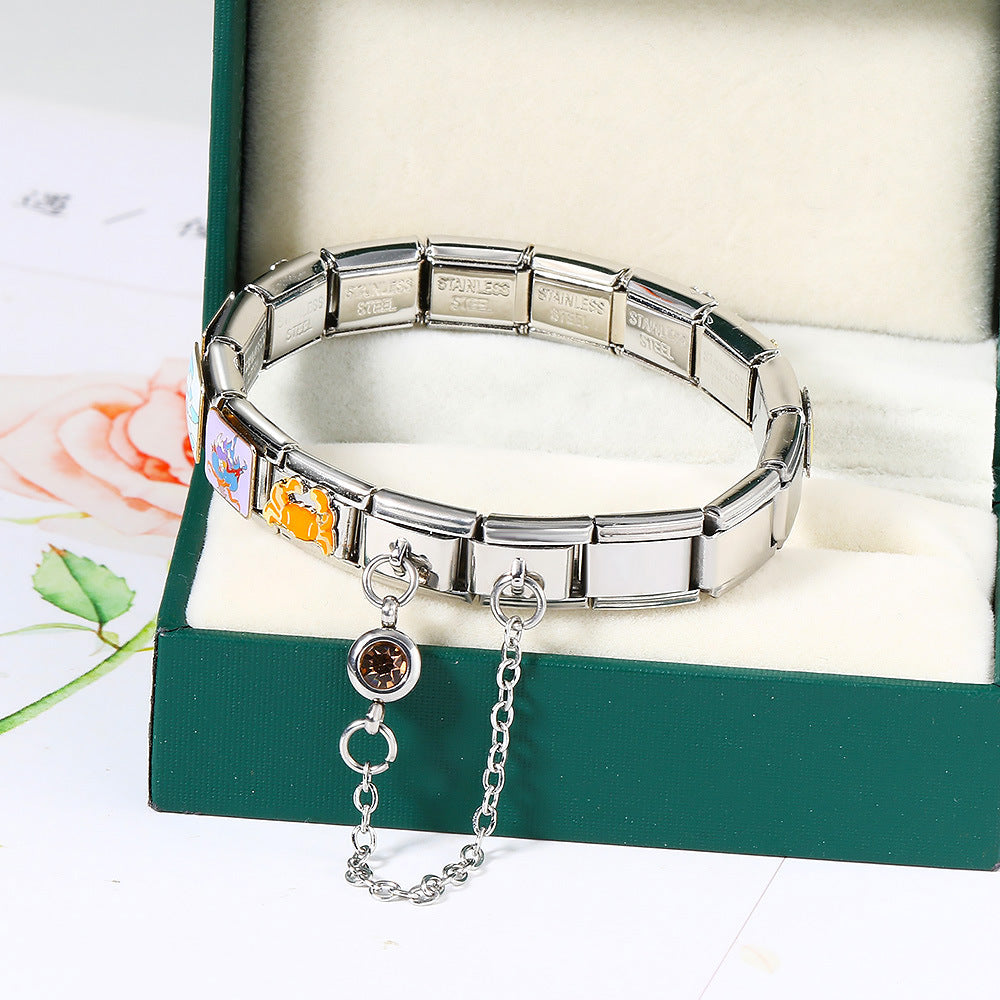 Cross Border Hot Selling 12th Birthday Stone Italian Module Bracelet Gold Hook Pendant DIY Elastic Stainless Steel Bracelet