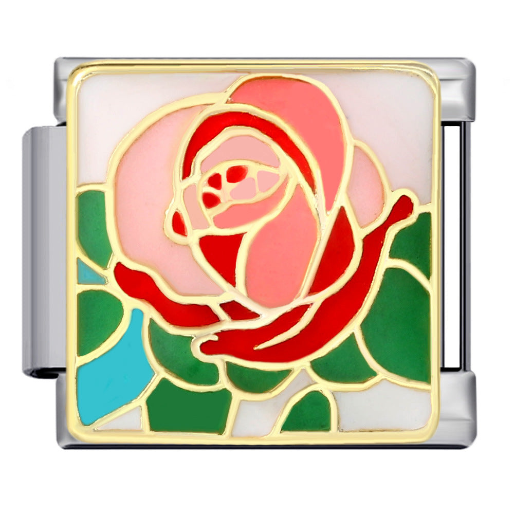 Flower Series Italian Module Bracelet Stainless Steel Welding Gold Plating Drip Oil DIY Elastic Bracelet Accessories Wholesale