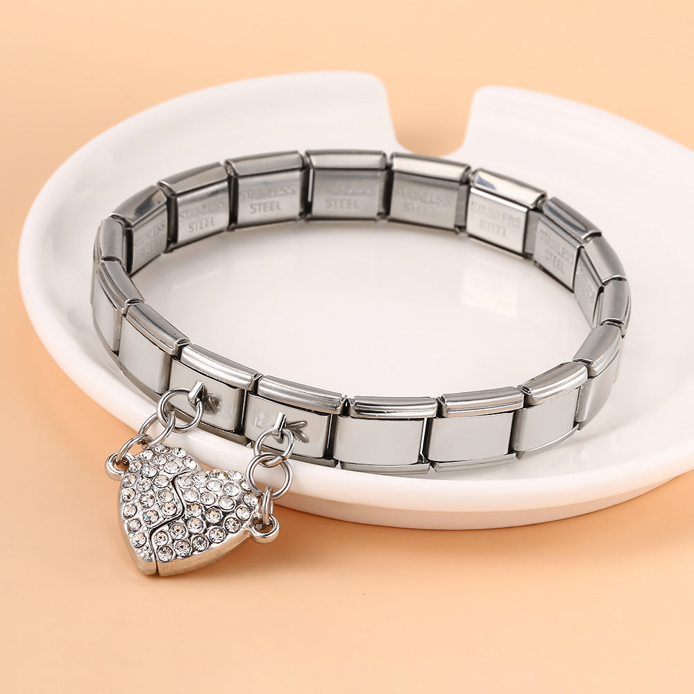 Micro Inlaid Zircon Heart-shaped Double Pendant Bracelet Accessory Titanium Steel DIY Free Splicing Italian Module Bracelet