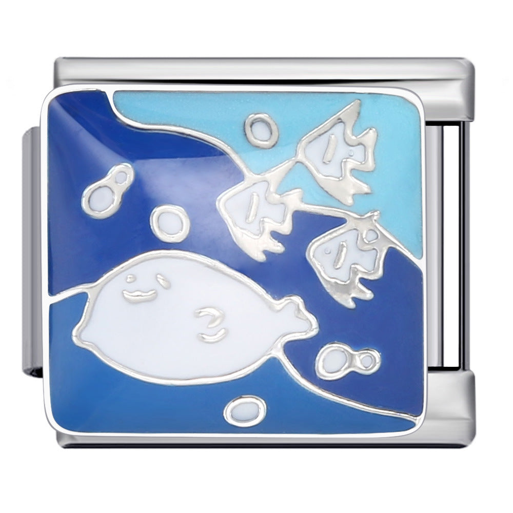 Blue Ocean Element Italian Module Bracelet - Stainless Steel Welded Pattern DIY Stretchable Fashion Bracelet