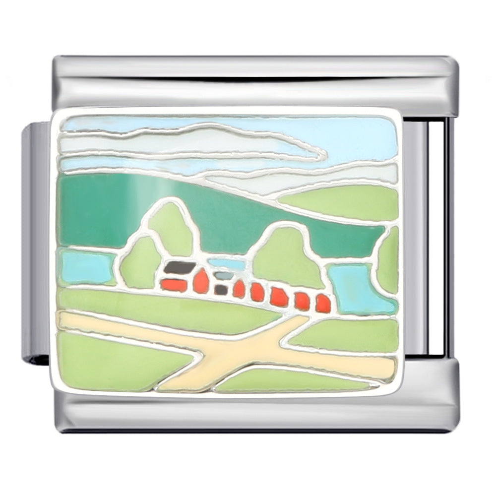 Fresh Illustration Series Italian Module Bracelet Titanium Steel Gold Plated Drip Oil DIY Welding Pattern Strap Chain