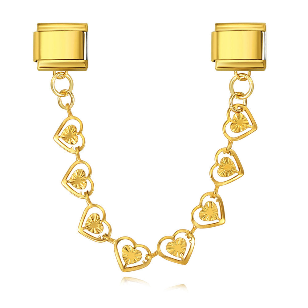 New Stainless Steel Heart-shaped Pendant Italian Module Bracelet with Double Hooks DIY Elastic Splicing Strap Chain