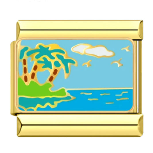 Gold Bottom Tourist Resort Scenery Pattern Italian Module Bracelet DIY Welding Drip Oil Stainless Steel Strap Chain