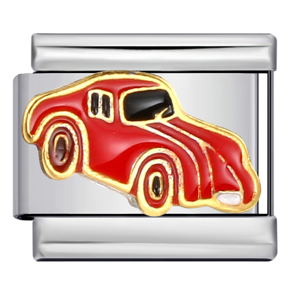 Hot Selling Fire Truck Train Italian Modular Bracelet DIY Titanium Steel Welding Gold Plated Drip Oil Bangle