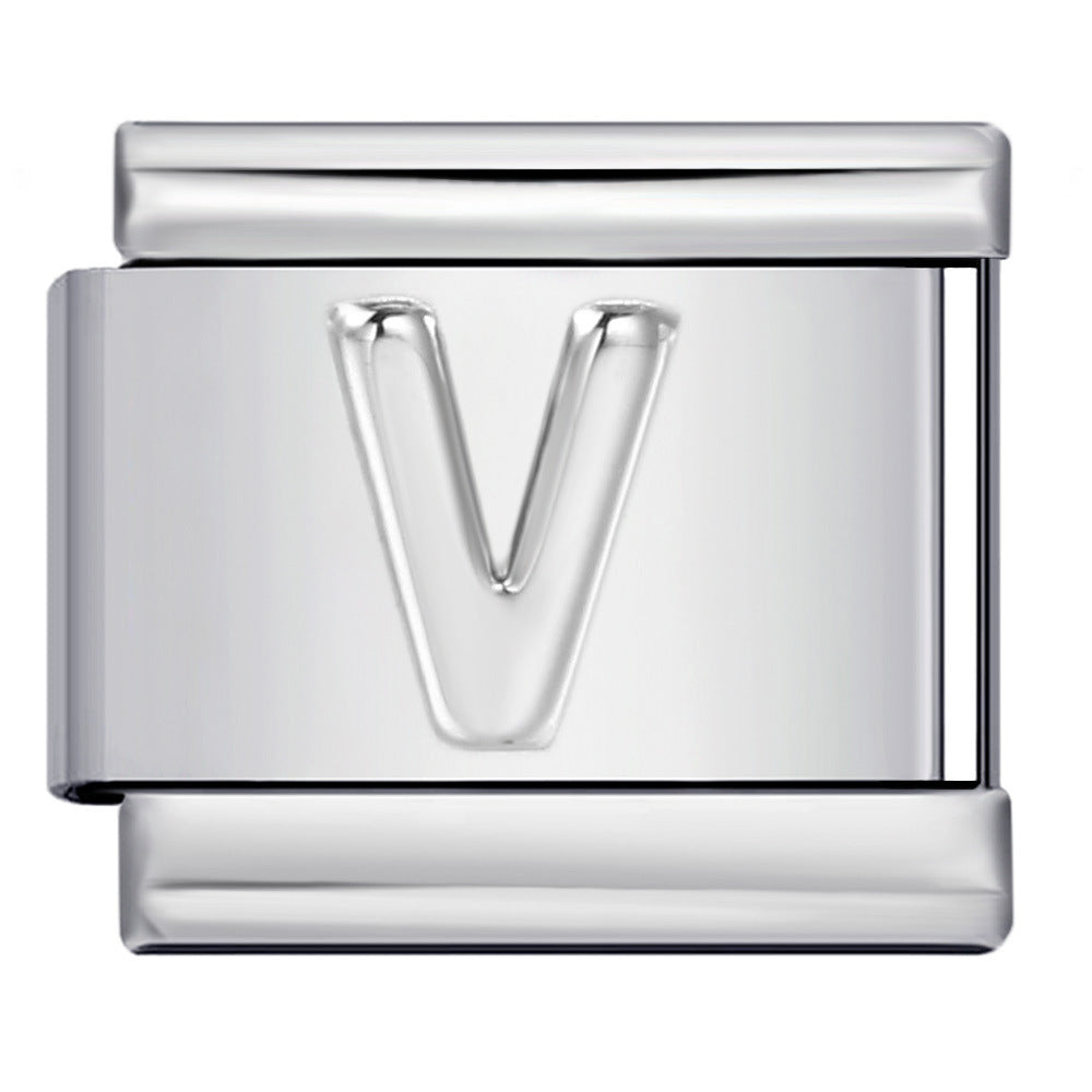 Italian Stainless Steel Silver Raised 26 Letter DIY Module Bracelet with Free Splicing Elastic Watch Strap