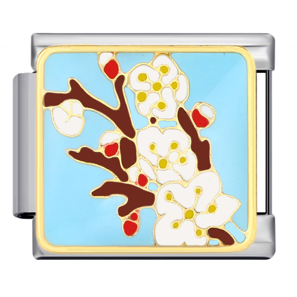 Flower Series Italian Module Bracelet Stainless Steel Welding Gold Plating Drip Oil DIY Elastic Bracelet Accessories Wholesale