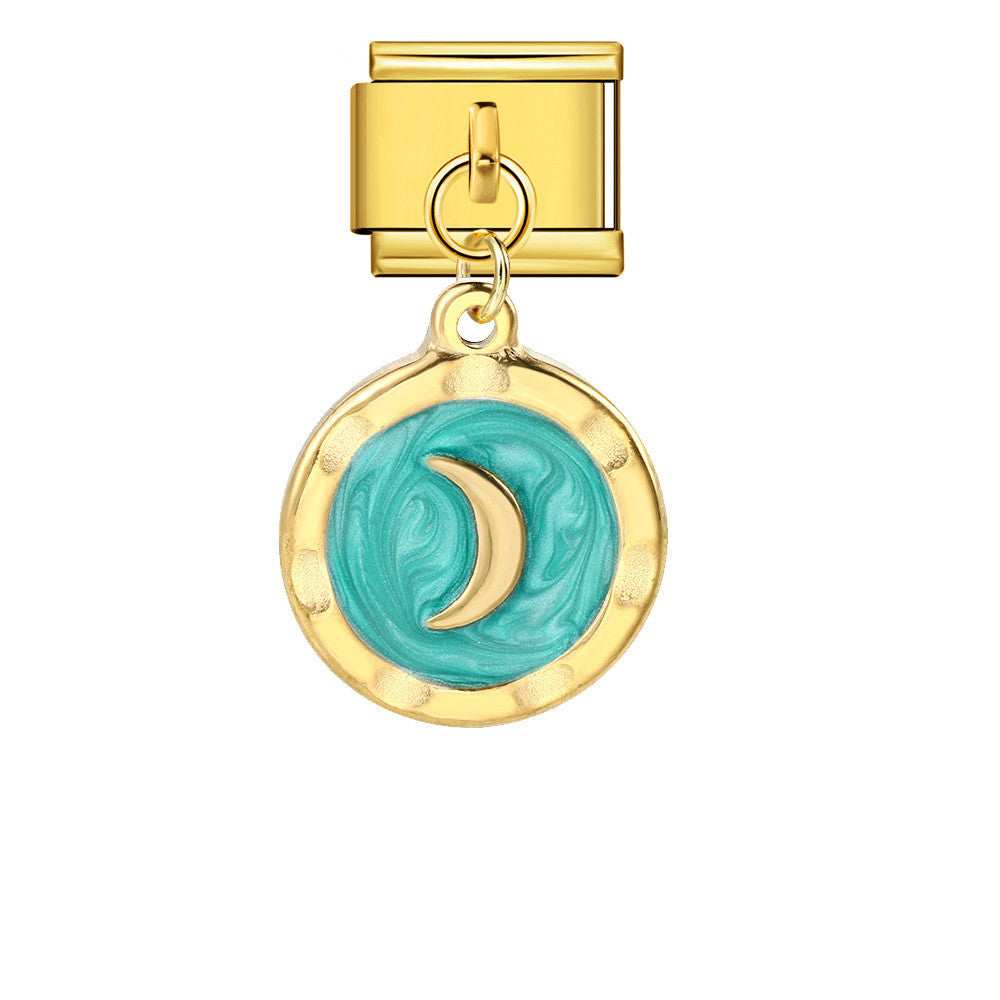 Round Pendant with Gold and Silver Base, Italian Module Bracelet, Titanium Steel Drip Oil Hook, Fashionable DIY Versatile Bracelet