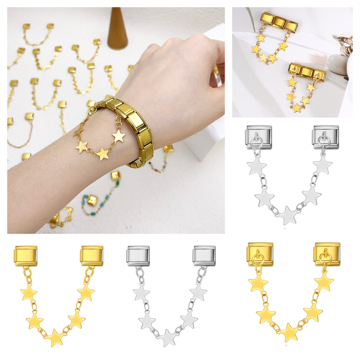 Italian Charm Bracelet Double Hook Design with Star Pendant Titanium Steel Link Chain Italian Charm