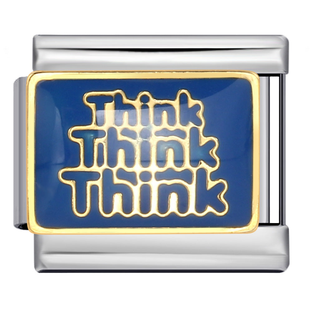 Blue Titanium Steel Welded Pattern Italian Modular Bracelet, Gold-Plated Drip Enamel Free Combination Link Bracelet