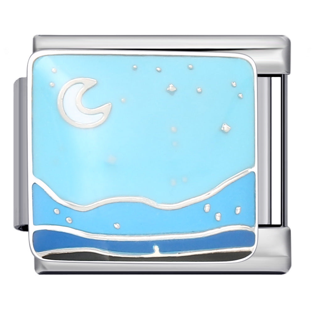 Blue Ocean Element Italian Module Bracelet - Stainless Steel Welded Pattern DIY Stretchable Fashion Bracelet