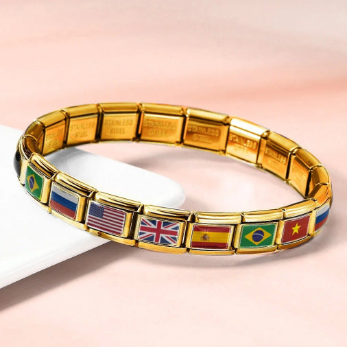 Gold Base World Flag Photo Resin Italian Charm Bracelet DIY Stainless Steel Stretch Watch Band Wristband