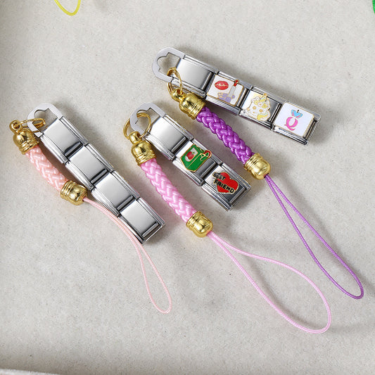 Fashion Colored Mobile Phone Rope Splicing Module Bracelet DIY Keychain Gold-plated Pendant Stainless Steel Bracelet