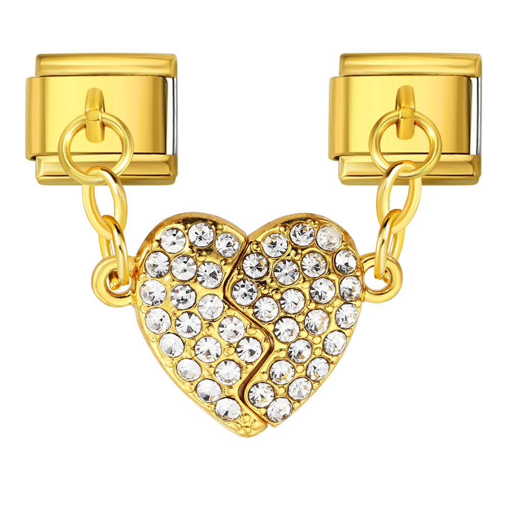 Micro Inlaid Zircon Heart-shaped Double Pendant Bracelet Accessory Titanium Steel DIY Free Splicing Italian Module Bracelet