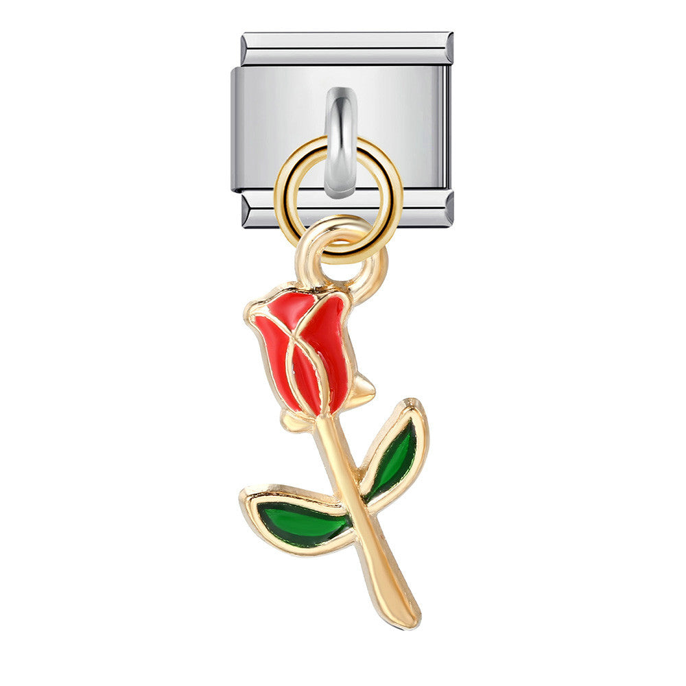 Single Silver Bottom Flower Pendant Italian Module Bracelet Stainless Steel Gold Plated Drip Oil DIY Hook Bracelet