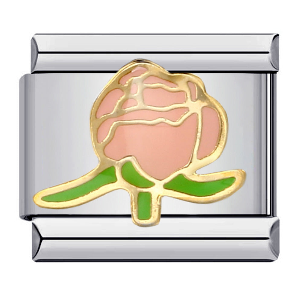 Flower Titanium Steel Drip Oil Welding Pattern Italian Module Bracelet Italian Charm Bracelet