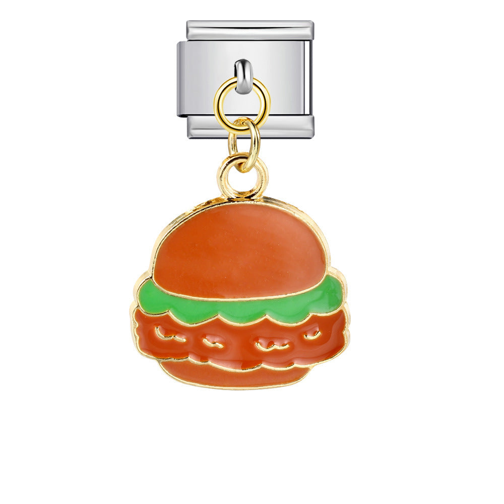 Gourmet Series Burger Fry Pendant Italian Module Bracelet Welding Drip Oil DIY Titanium Steel Strap Chain