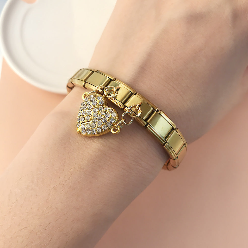 Micro Inlaid Zircon Heart-shaped Double Pendant Bracelet Accessory Titanium Steel DIY Free Splicing Italian Module Bracelet