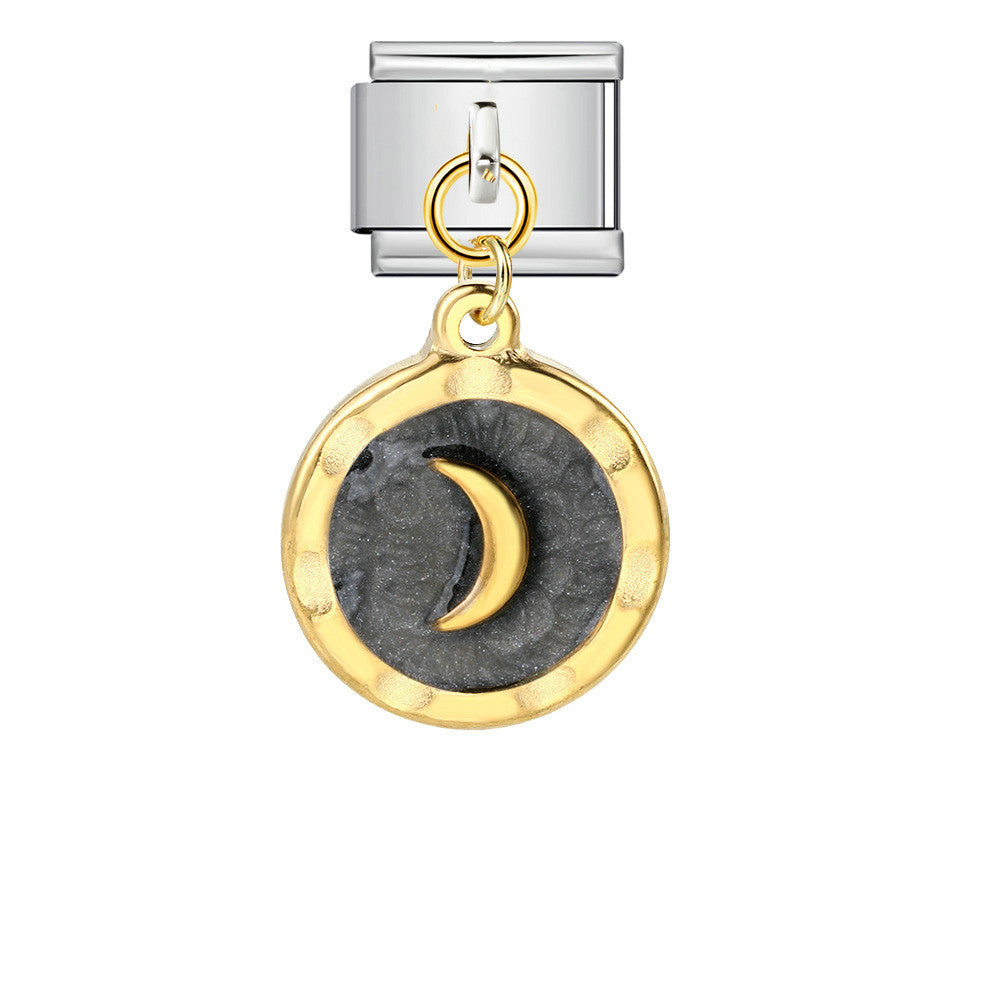 Round Pendant with Gold and Silver Base, Italian Module Bracelet, Titanium Steel Drip Oil Hook, Fashionable DIY Versatile Bracelet