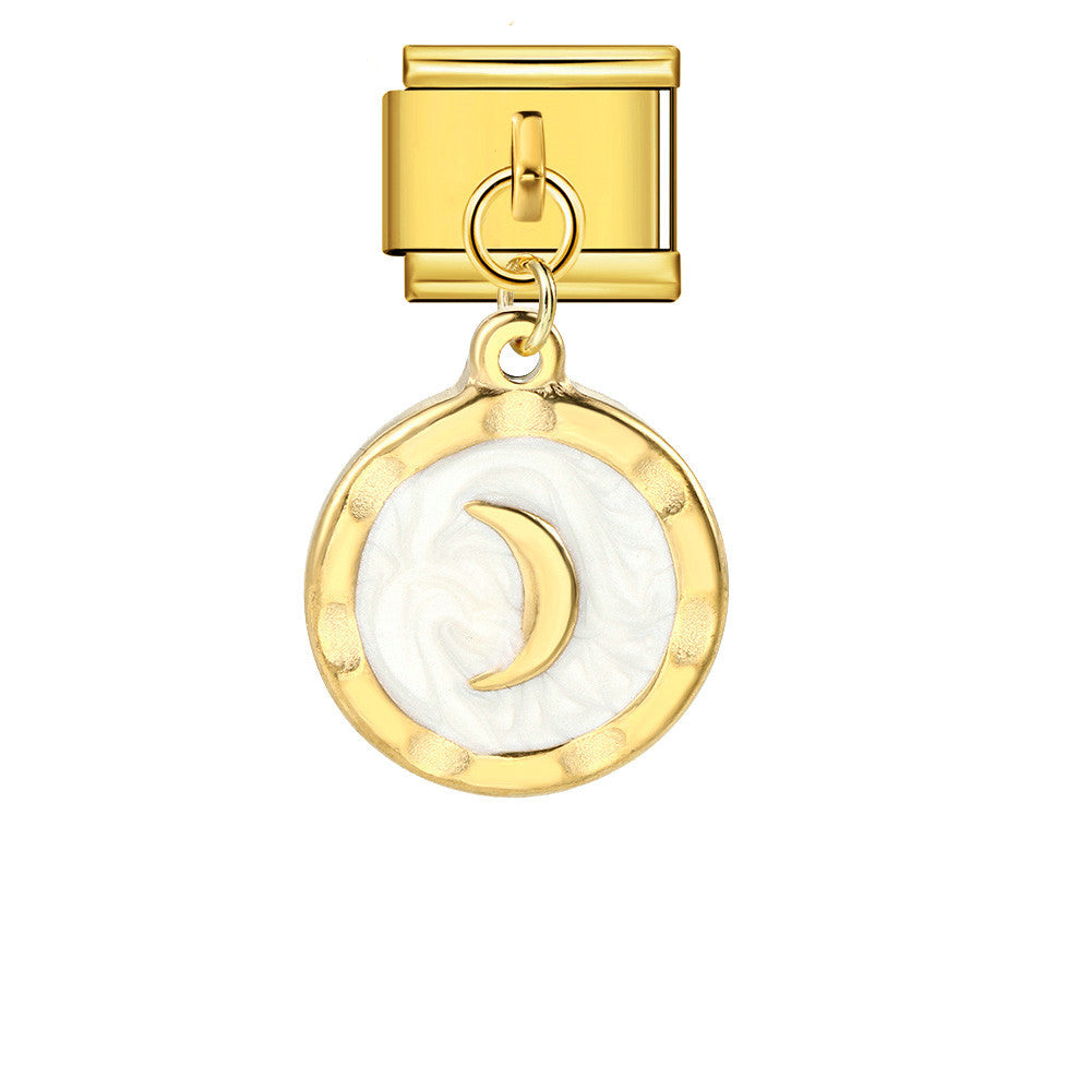 Round Pendant with Gold and Silver Base, Italian Module Bracelet, Titanium Steel Drip Oil Hook, Fashionable DIY Versatile Bracelet