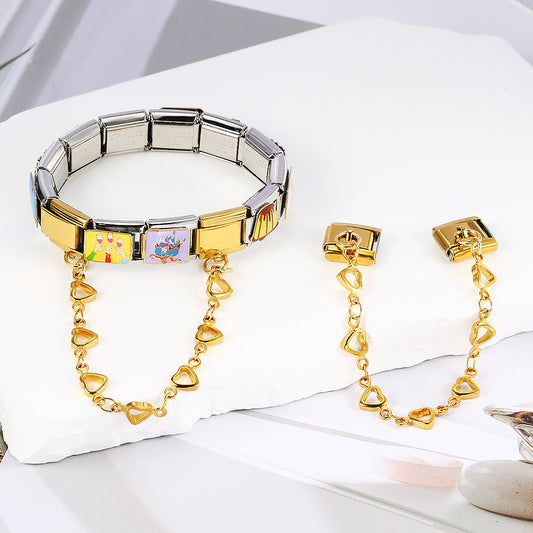 New Stainless Steel Heart-shaped Pendant Italian Module Bracelet with Double Hooks DIY Elastic Splicing Strap Chain