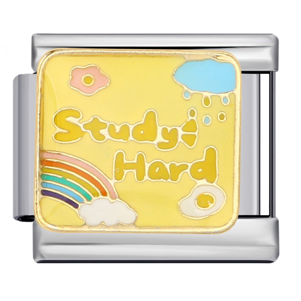 Stainless Steel Welded Gold-Plated Drip Oil DIY Personalized English Elastic Patchwork Bracelet - Italian Module Wholesale