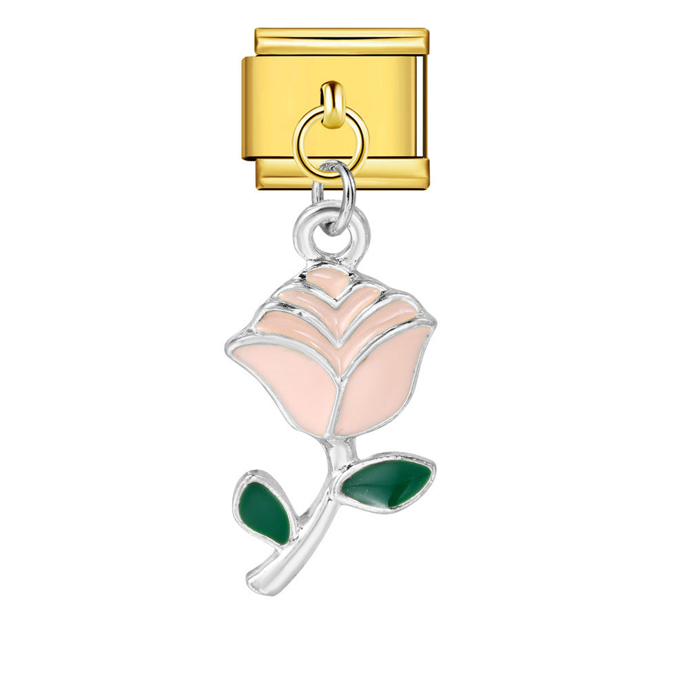 Italian Charm Module Bracelet Single Flower Handmade Pendant Titanium Steel Strap Chain