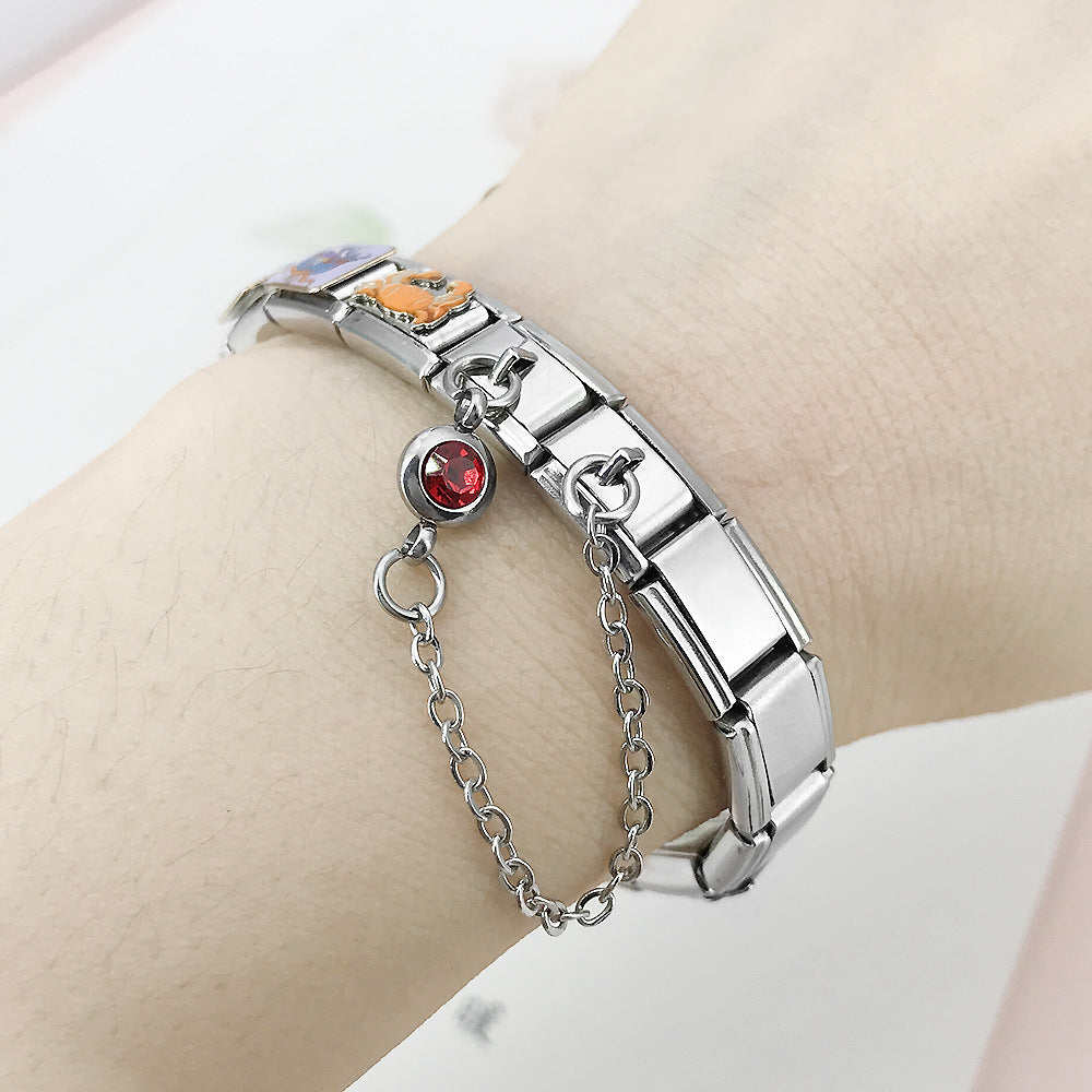 Double Hooked 12 Birthday Stone Italian Module Bracelet Creative DIY Elastic Splicing Titanium Steel Strap Chain