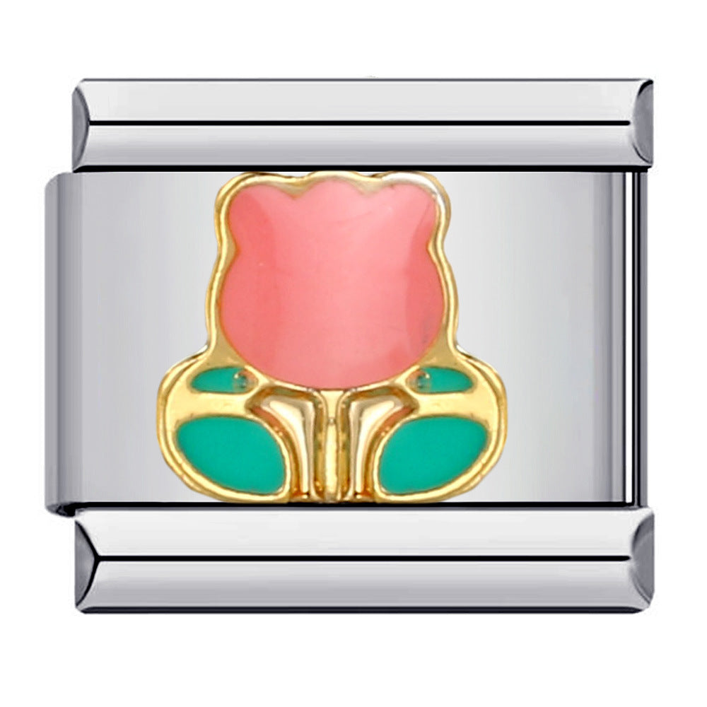 Flower Titanium Steel Drip Oil Welding Pattern Italian Module Bracelet Italian Charm Bracelet