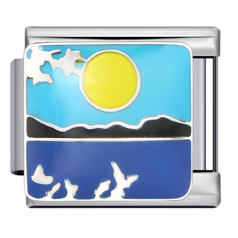 Blue Ocean Element Italian Module Bracelet - Stainless Steel Welded Pattern DIY Stretchable Fashion Bracelet