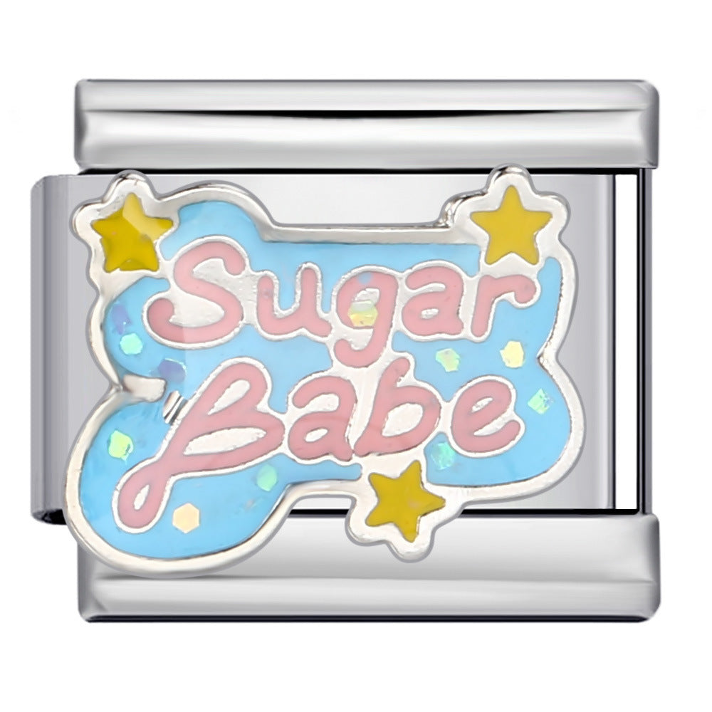 Stainless Steel Welded Gold-Plated Drip Oil DIY Personalized English Elastic Patchwork Bracelet - Italian Module Wholesale