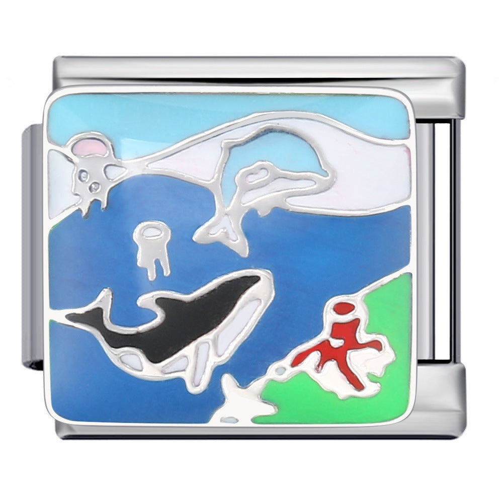 Blue Ocean Element Italian Module Bracelet - Stainless Steel Welded Pattern DIY Stretchable Fashion Bracelet