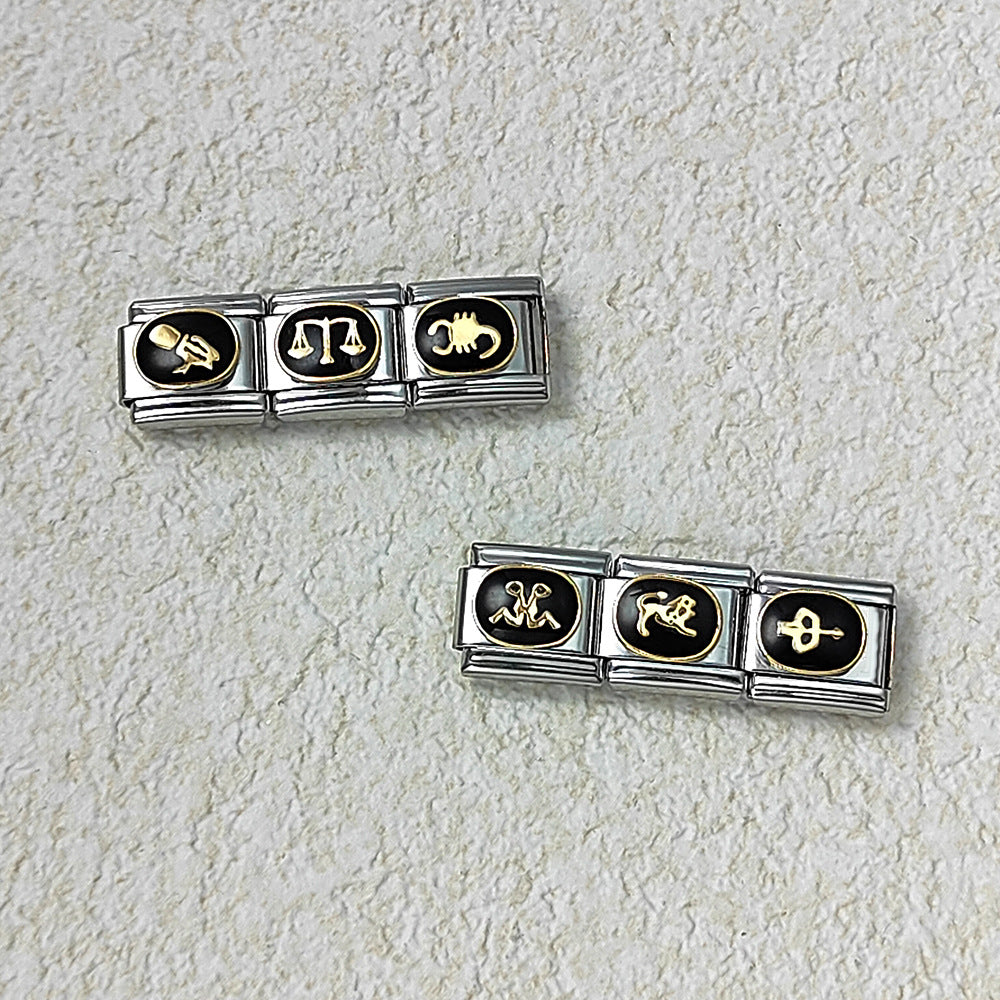 Italian Module Bracelet with Black Welding, Gold-plated Dripping Oil, Twelve Zodiac DIY Pattern, Stainless Steel Bracelet